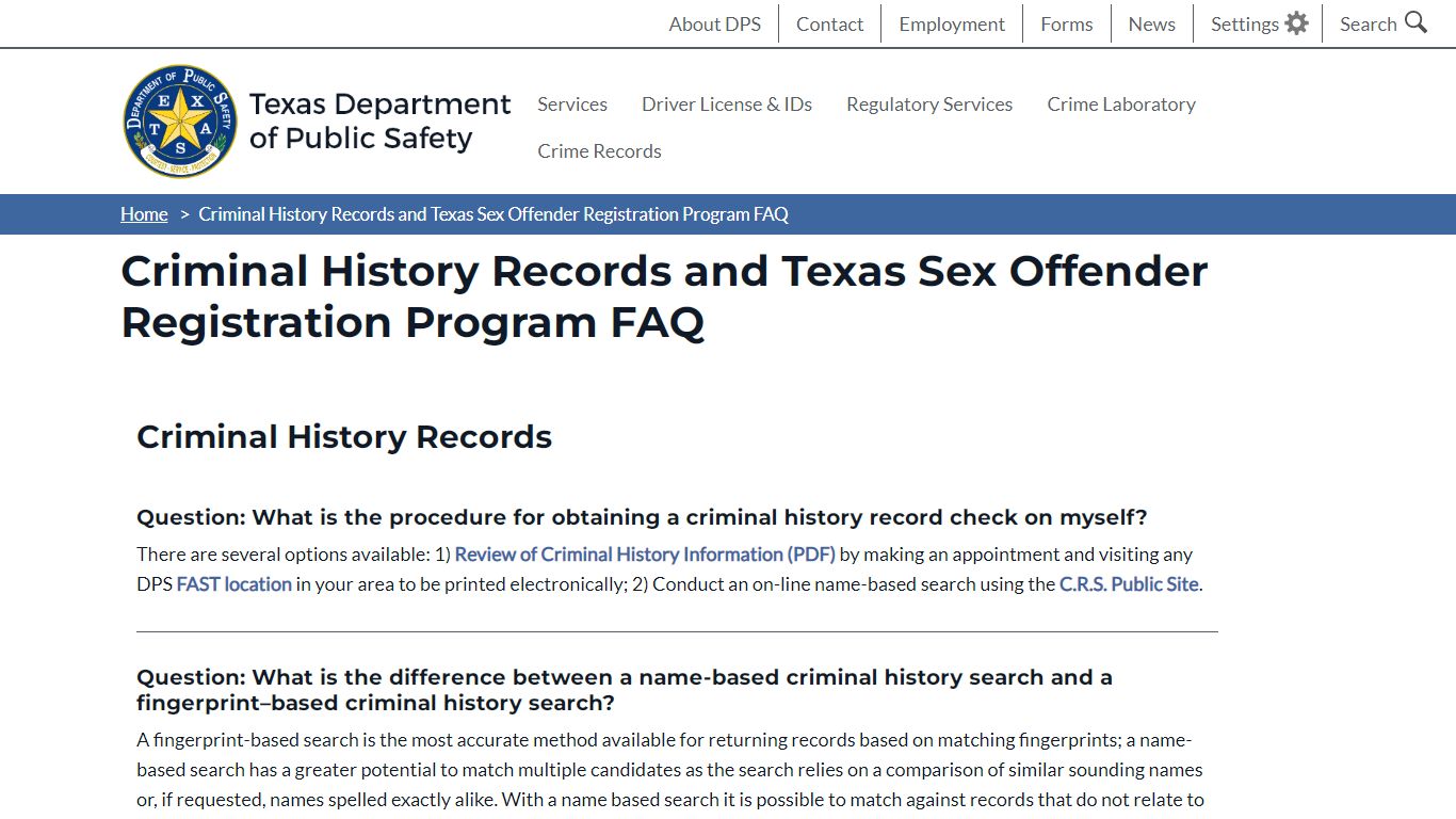 Criminal History Records and Texas Sex Offender Registration Program ...
