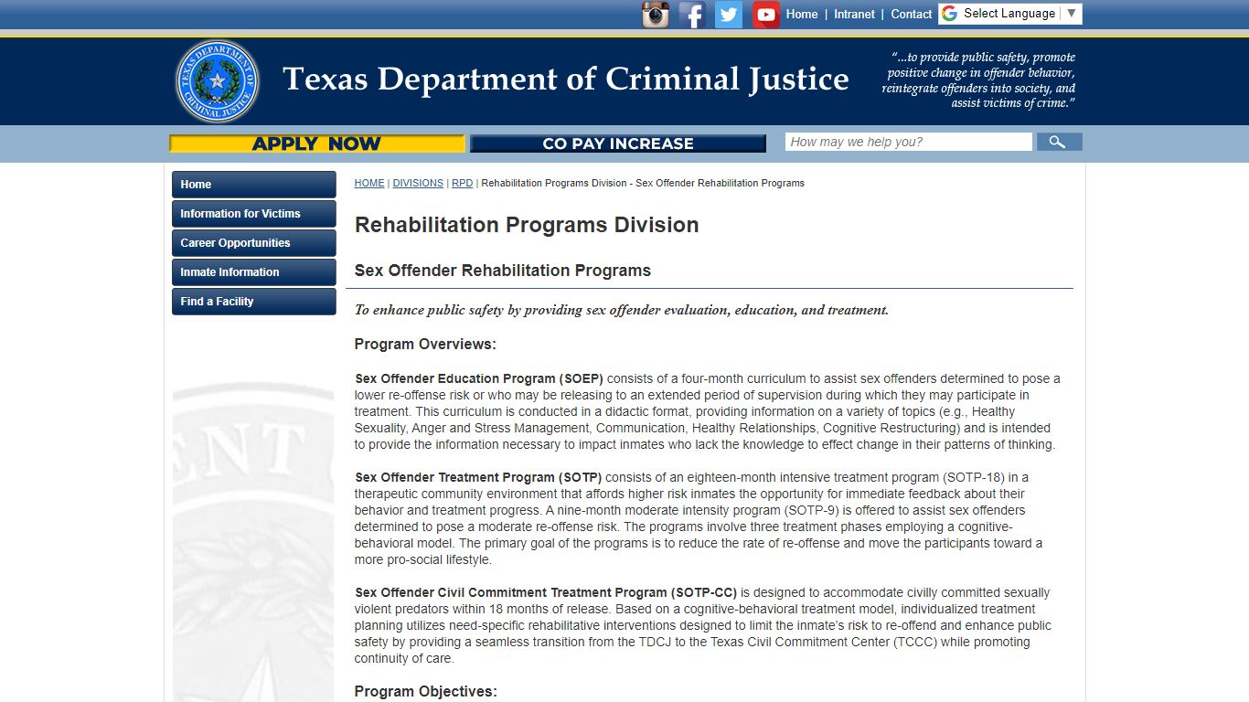 Sex Offender Rehabilitation Programs - Texas Department of Criminal Justice